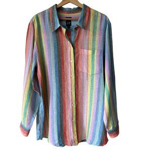Gap Linen Boyfriend Button Front Shirt Relaxed Stripe Rainbow Lagenlook Pocket